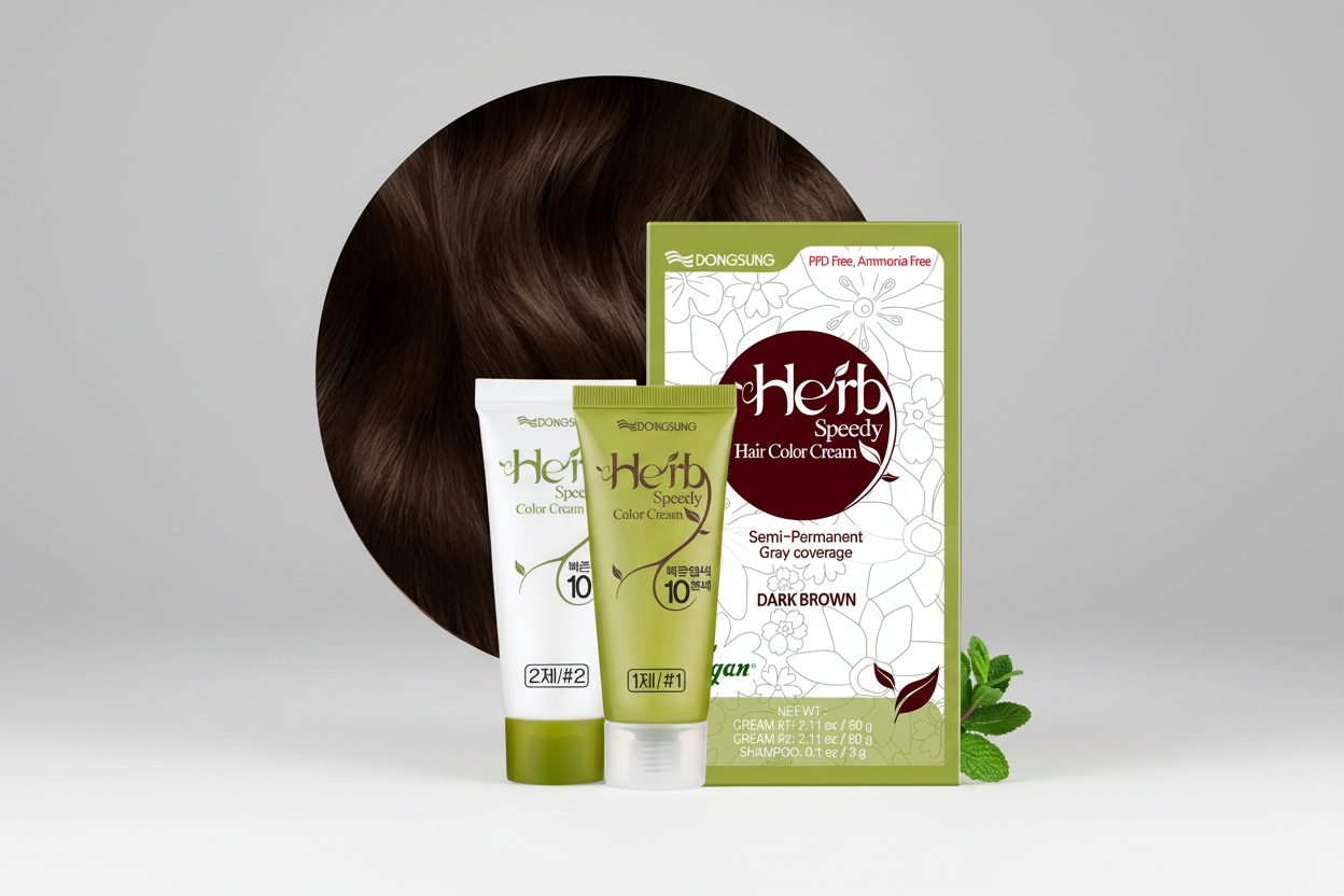 كريم تلوين الشعر هيرب سبيدي من دونغسونغ، بني غامق، عبوة واحدة، صبغة شعر نباتية خالية من البارابين والأمونيا مع حماية من الشمس، عديمة الرائحة، لطيفة على فروة الرأس الحساسة، لا تسبب تهيجًا للعين أو فروة الرأس