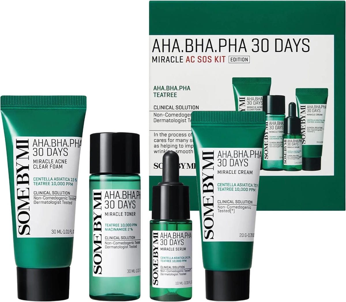 Some By Mi AHA BHA PHA 30Days Miracle AC SOS Kit | Includes Toner 1.01Oz + Serum 0.33Oz + Cream 0.7Oz + Foam 1.01Oz | Mild Exfoliating Daily Skin Care Set For Skin Wastes, Sebum, Oiliness Care - ZM Cosmetics