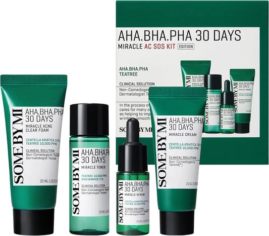 Some By Mi AHA BHA PHA 30Days Miracle AC SOS Kit | Includes Toner 1.01Oz + Serum 0.33Oz + Cream 0.7Oz + Foam 1.01Oz | Mild Exfoliating Daily Skin Care Set For Skin Wastes, Sebum, Oiliness Care - ZM Cosmetics
