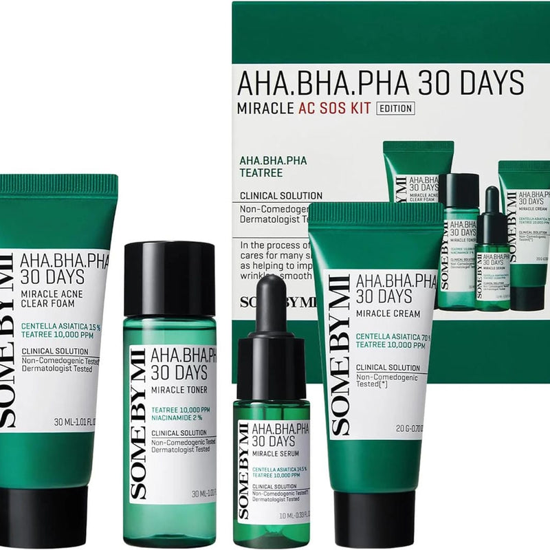 Some By Mi AHA BHA PHA 30Days Miracle AC SOS Kit | Includes Toner 1.01Oz + Serum 0.33Oz + Cream 0.7Oz + Foam 1.01Oz | Mild Exfoliating Daily Skin Care Set For Skin Wastes, Sebum, Oiliness Care - ZM Cosmetics