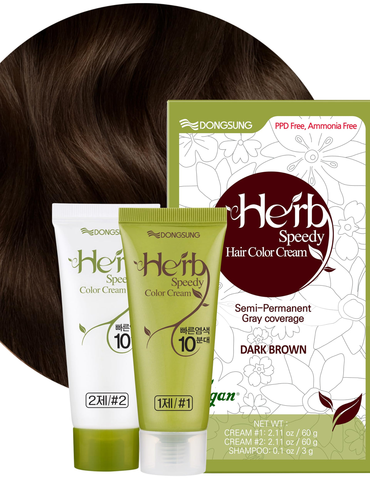 DONGSUNG Herb Speedy Color Cream Dark Brown, 1 Pack , PPD Free Ammonia Free Vegan Hair Dye with Sun Protection, Odorless, Gentle for Sensitive Scalp, No Eye or Scalp Irritation - ZM Cosmetics