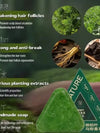 Green soap bar with nature-themed packaging and text about hair care benefits on a green background.

