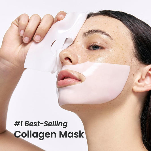 Woman wearing a collagen mask with text '#1 Best-Selling Collagen Mask' on a light background

