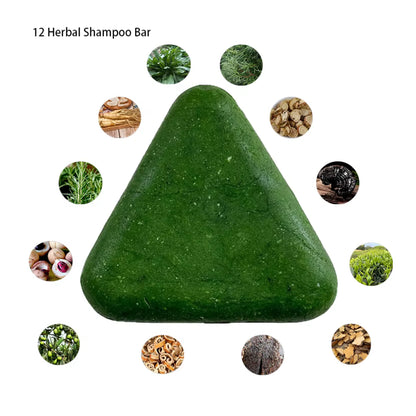 Green triangular shampoo bar with circular images of herbs around it on a white background

