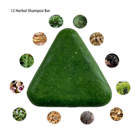 Green triangular shampoo bar with circular images of herbs around it on a white background

