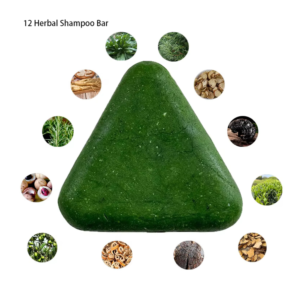 Green triangular shampoo bar with circular images of herbs around it on a white background

